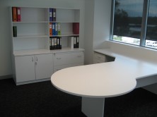 P End Conference Desk. P Facing Out. 2400 X 900 X 1200 Dia.  Attached Splayed Return On H Base